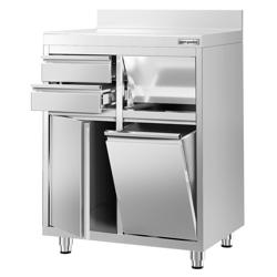 Arbeitsschrank - für Kaffeemaschine - 800x600mm - mit 2 Schubladen, 1 Tür, Mülleimer & Aufkantung