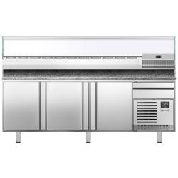 Banco pizza refrigerato PREMIUM PLUS - 2305x800mm - con 3 porte & 1 cassetto - piano in granito - con vetrina ingredienti refrigerata superiore - 11x GN 1/4