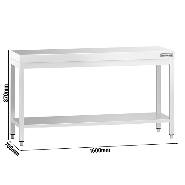Radni stol od plemenitog čelika PREMIUM - 1600x700 mm - Sa donjom pločom, bez poleđine 