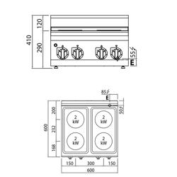 Cucina elettrica professionale - LORENZO 600 - 600x600x410mm - 8,0 kW - 4 piastre tonde - da banco