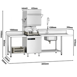 Lavastoviglie a passaggio / a capote - Digitale - 7,1 kW - incl. tavolo di alimentazione a destra, tavolo di uscita a sinistra e decalcificatore - con pompa per detersivo e pompa brillantante