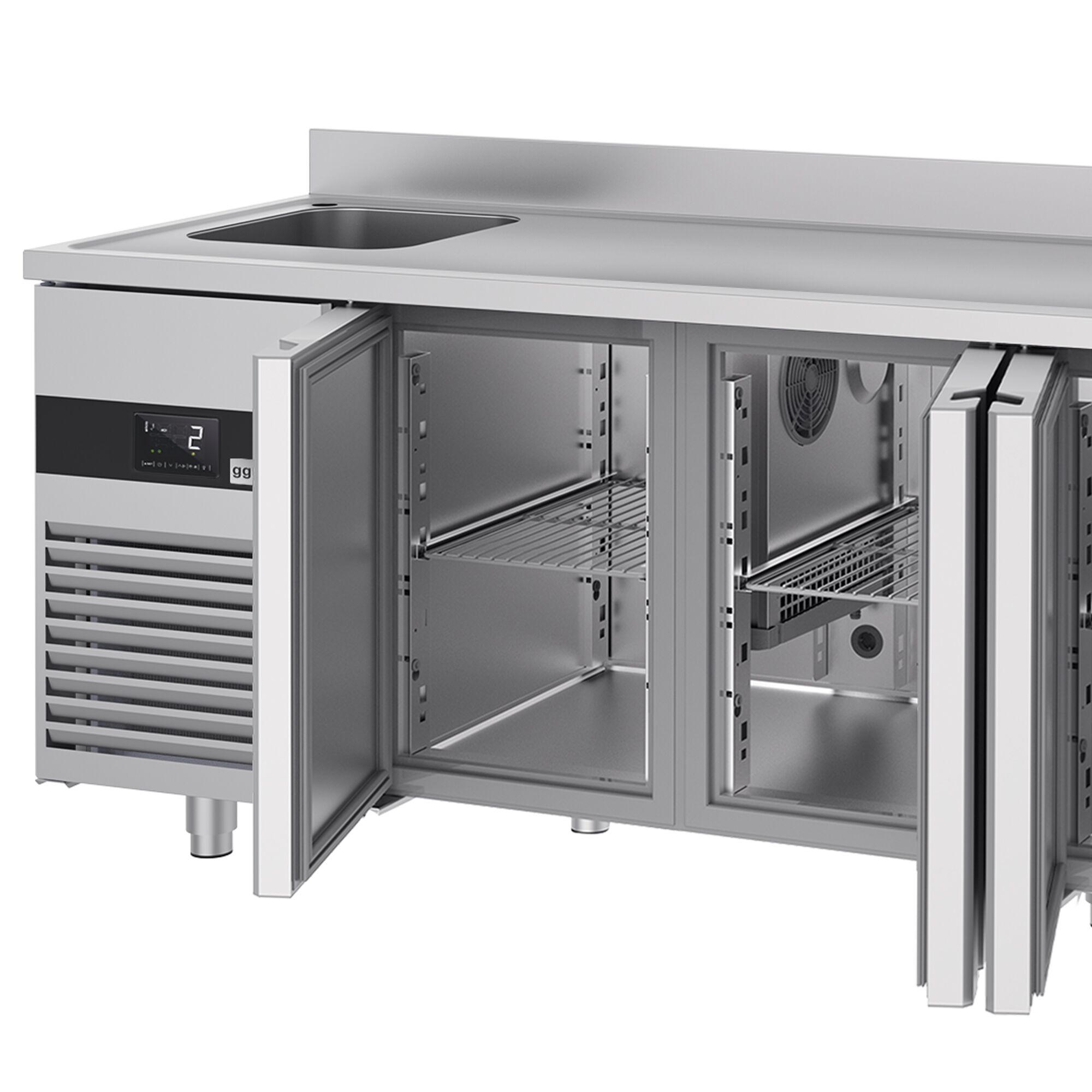 Table réfrigérée PREMIUM - 2360x700 mm - avec 4 portes, 1 bac à gauche - avec dosseret