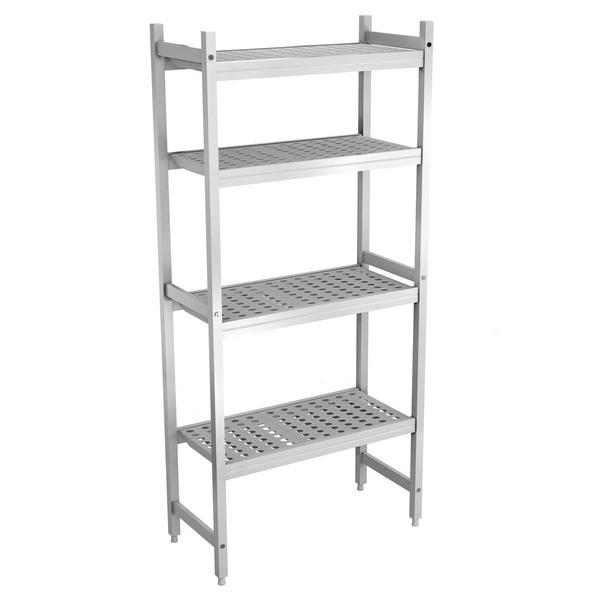 Aluminium/kunststof stelling - 771x1685mm - Diepte: 360mm - met 4 schappen (in hoogte verstelbaar) - Draagvermogen totaal: 450kg