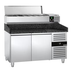 Mesa pizzera refrigerada PREMIUM - 1500x800mm - encimera de granito - con 2 puertas ciegas - incl. vitrina refrigerada superior - 6x GN 1/3