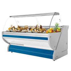 Banco gastronomia professionale / Banco Macelleria  - 2515x1150mm - Statica - 500 L - Vetro curvo - Colore Blu - piano di lavoro in granito