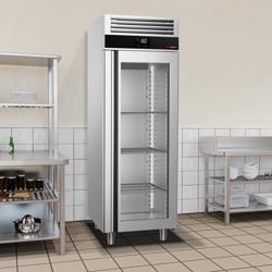 Armoire réfrigérée vitrée négative en acier inoxydable AISI 430 PREMIUM - GN 2/1 - 700 L - avec 1 porte vitrée & 3 grilles GN 2/1 & 3 paires de glissières