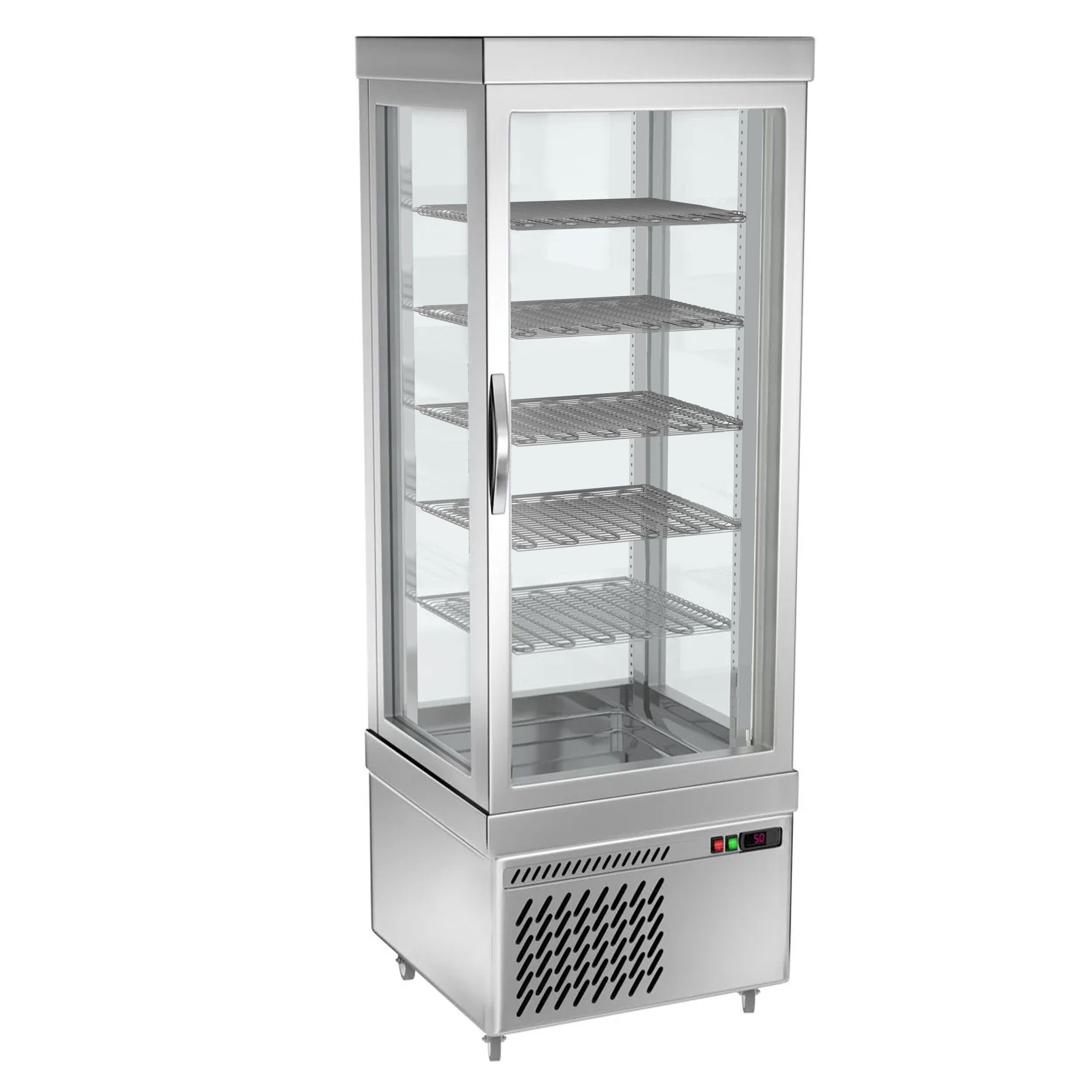 Vitrine réfrigérée 4 faces vitrées / Vitrine panoramique – 430 litres – 670 mm – 5 étagères – Argent