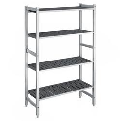 Hyllsystem i aluminium med polypropenhyllor – grundsektion – 960x560 mm – Djup: 560 mm – 4 hyllplan – anodiserad – Lastkapacitet: 900 kg