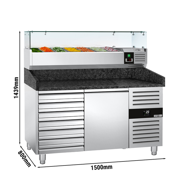 Pizzakylbänk PREMIUM - 1500x800mm - 1 dörr och 7 lådor - inkl. kylränna - 6x GN 1/3
