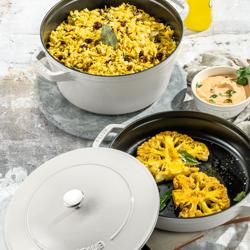 (2 pieces) STAUB | Stackable Cast Iron Cocotte & Pan Set – Ø 24 cm - White Truffle - Enamelled