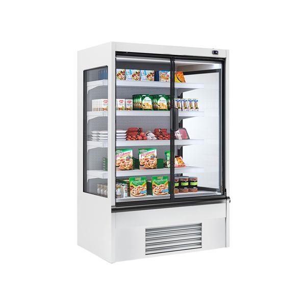Commercial wall-mounted refrigerated display shelving - 1018 mm - 341 litres - with 2 double-glazed hinged doors and 4 shelves
