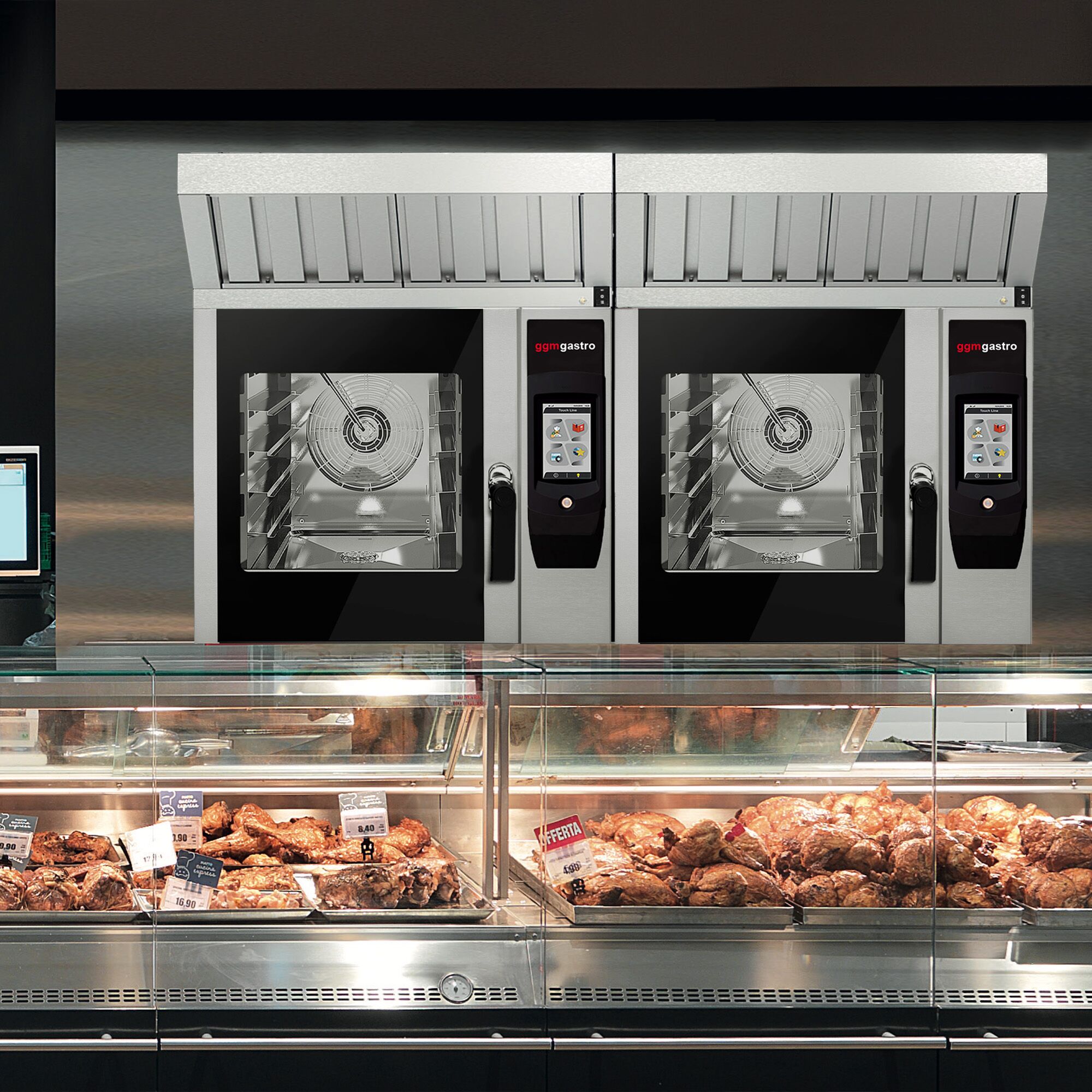 Commercial Combi Steamer - Touch Control – 4× GN 1/1 – with Rotisserie Chicken Grill, Fat Collection System, Base Cabinet, Automatic Wash System & Core Temperature Probe