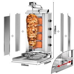 Machine à Kebab / Gril vertical à gaz - 4 brûleurs - 13kW - pour 60kg de viande - livré avec 2 volets, 1 broche, 2 pare-graisses et bac à graisse