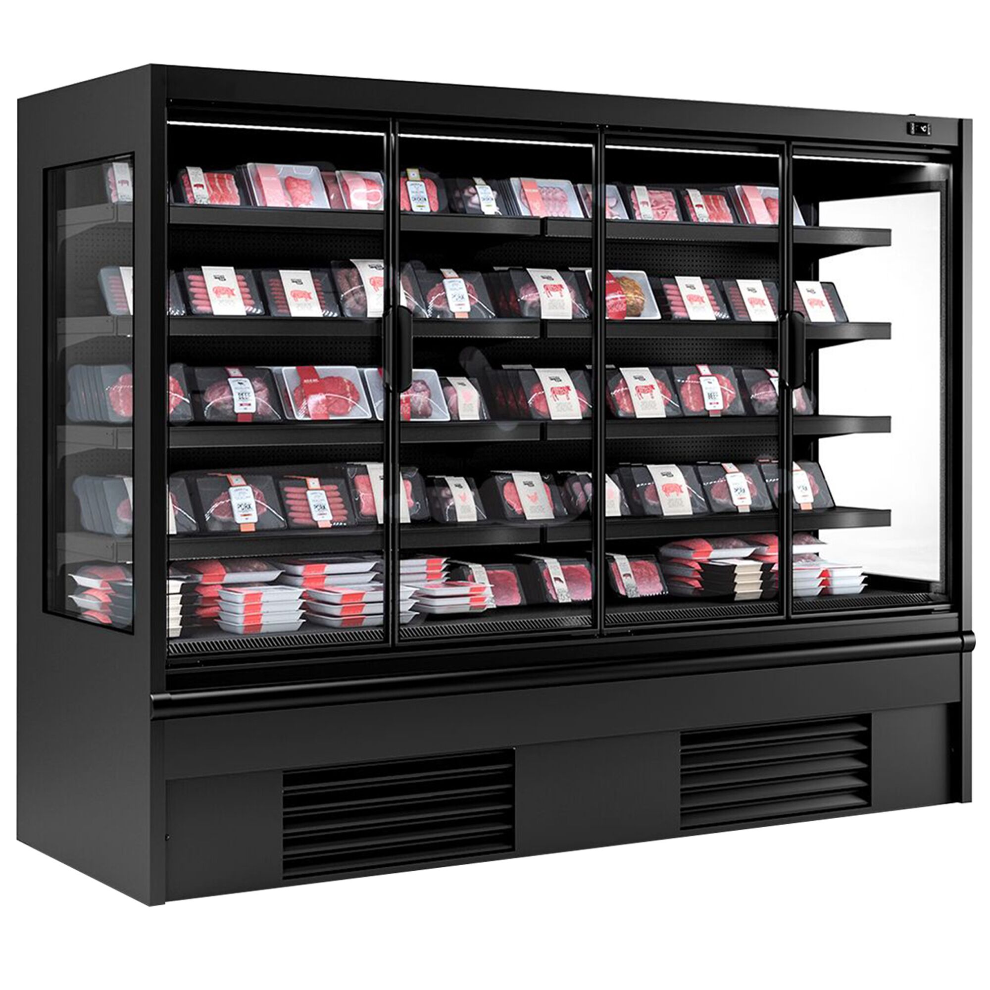 Vitrine murale réfrigérée - 2580mm - 1605L - avec 4 portes battantes vitrées & 4 étagères - Noir