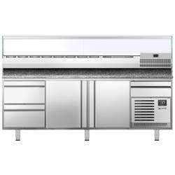 Pizzawerkbank PREMIUM PLUS - 2305x800mm - met granieten werkblad - met 2 deuren & 2 laden - incl. glasvitrine - 10x GN 1/3