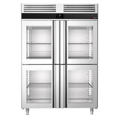 Koelkast RVS PREMIUM - GN 1/1 - GN 2/1 - 1400mm - 1400liter - tot -2°C tot +8°C - met 4 glasdeuren - geforceerde koeling, LED‑verlichting & legroosters