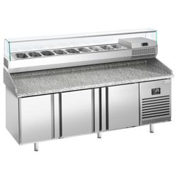 Pizzawerkbank PREMIUM PLUS - 1980x700mm - met granieten werkblad - met 3 deuren - incl. glasvitrine - 9x GN 1/4