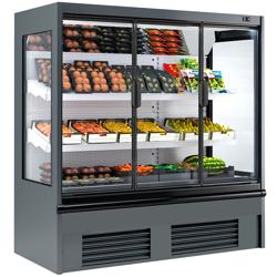 Commercial wall-mounted refrigerated display shelving - 1955 mm - 555 litres - with 3 double-glazed hinged doors and 2 shelves