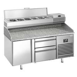 Pizza koelwerkbank Premium PLUS - 1490x700mm - met 1 deur & 2 laden - incl. koelopzetvitrine - 6x GN 1/4