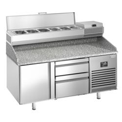 Pizzawerkbank PREMIUM PLUS - 1490x700mm - met granieten werkblad - met 1 deur & 2 laden - incl. opzetkoelvitrine - 6x GN 1/4