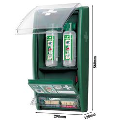 Trousse de premiers secours - remplie - Vert - avec distributeur de pansements, 2 flacons de rinçage oculaire, contenu conforme hygiène et sécurité