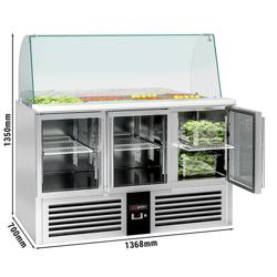 Mesa saladette refrigerada PREMIUM - 1368mm - 3 puertas de cristal - con vitrina de cristal para 4x GN 1/1