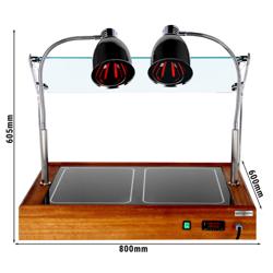 Hot Plate - Wood Effect - with Ceramic Glass Surface - 800mm - 1x GN 1/1 - 1.3 kW - with 2 Infrared Heat Lamps - with Toughened Glass Sneeze Screen
