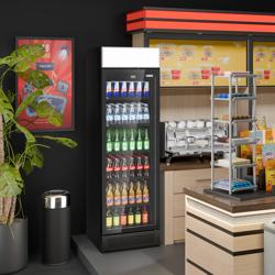 Vetrina frigo per bibite PREMIUM - 595mm - 145l - display digitale - porta in vetro senza cornice - con 1 porta in vetro & cassonetto pubblicitario illuminato & illuminazione LED - Nero