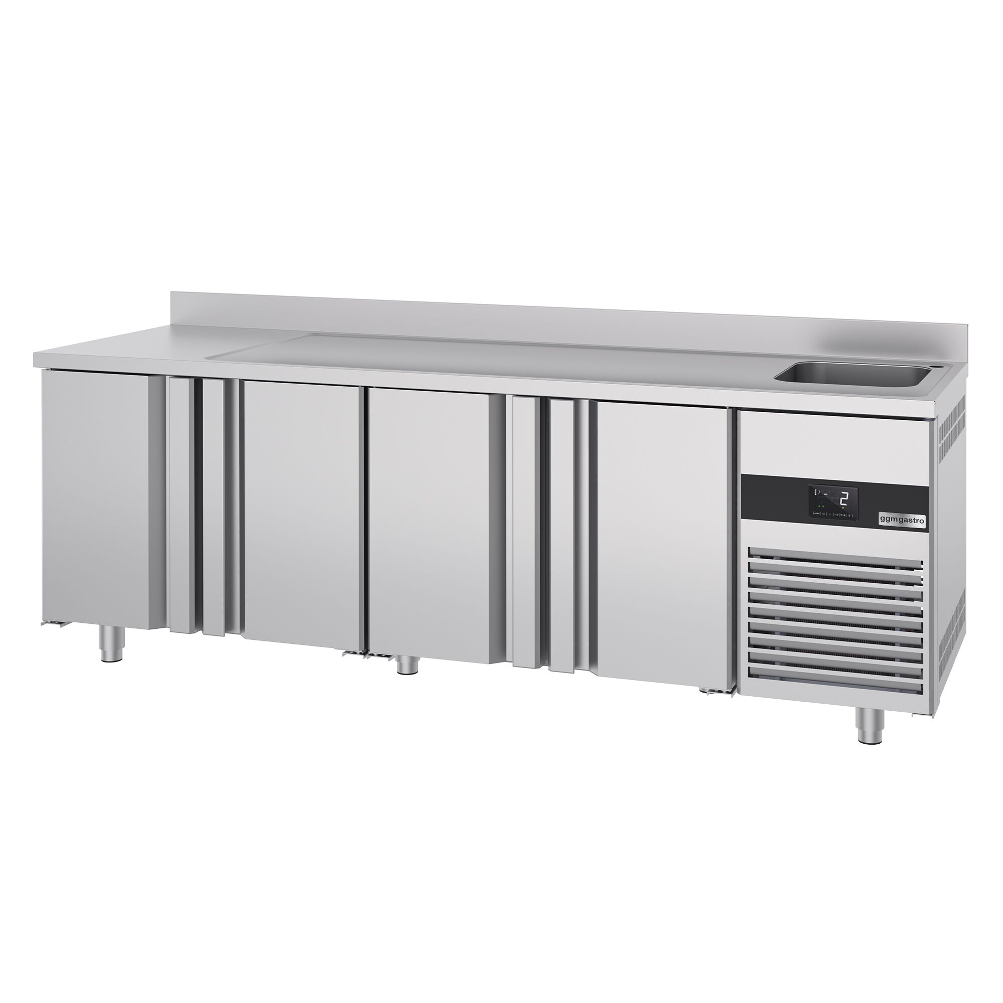 Table réfrigérée PREMIUM - 2360x700 mm - avec 4 portes, 1 bac à droite - avec dosseret