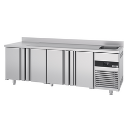 Koelwerkbank PREMIUM - 2360x700mm - met 4 deuren, 1 spoelbak rechts & achterwand