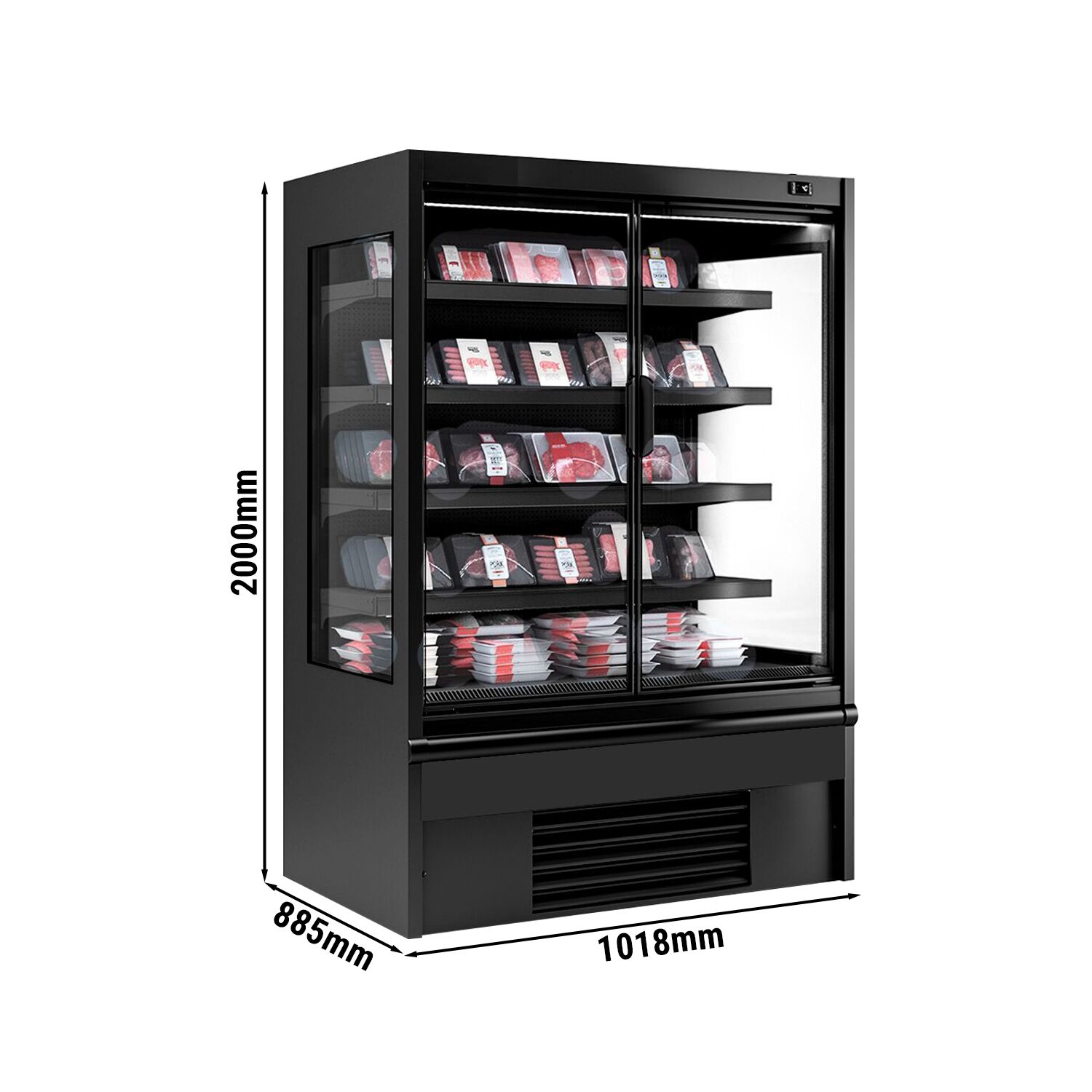 Vitrine murale réfrigérée - 1018mm - 602L - avec 2 portes battantes vitrées & 4 étagères - Noir