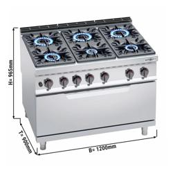 Gasfornuis - Lorenzo 900 - 1200x900x965mm - 65,5 kW - 6-pits - incl. gas statische oven - 12,0 kW