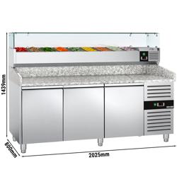 Pizzakühltisch ECO - 2000x800mm - mit 3 Türen - inkl. Kühlaufsatzvitrine - 9x GN 1/3