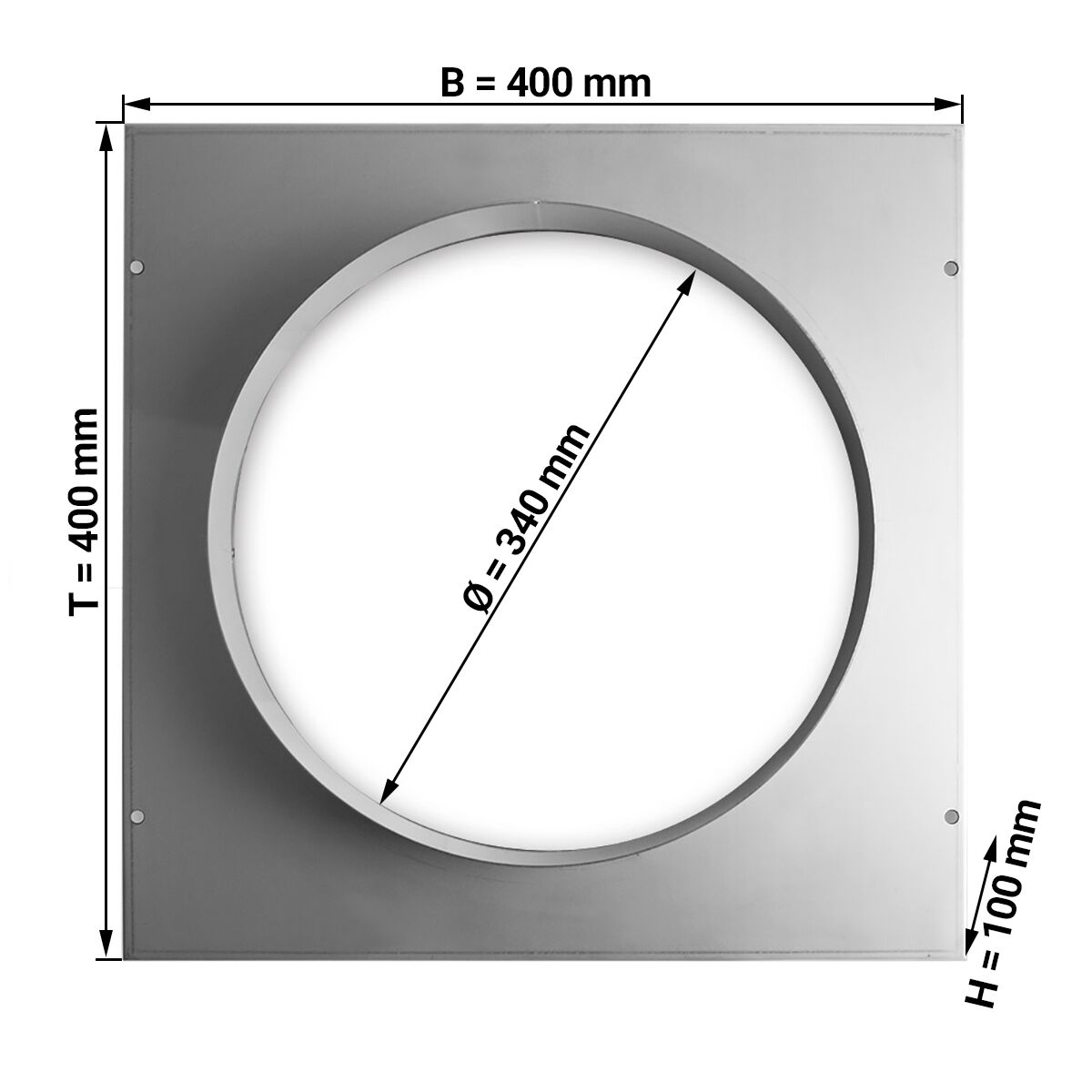 Platine virole - Inox - 400x400mm - Ø 340mm - Raccord mâle - pour hotte professionnelle