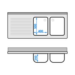 Plonge PREMIUM en acier inoxydable - 1600x700mm - 2 bacs - bac à droite - avec espace lave-vaisselle - adossée/avec dosseret