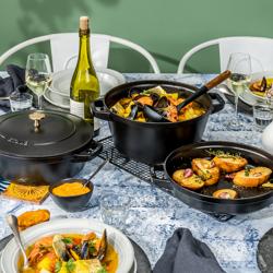 (3 pieces) STAUB | Stackable Cast Iron Cocotte & Pan Set – Ø 24 cm - Black - Enamelled + Lid