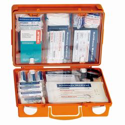 Trusă de prim ajutor SAN - echipat conform SR EN 13157 extins - portocaliu - incl. suport de perete, material de montaj și semn de salvare fotoluminescent