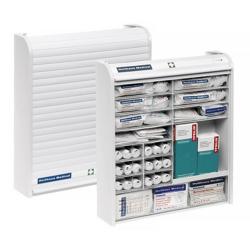 Rollmed® | Armário de primeiros socorros com persiana - cheio com norma DIN 13157 ampliado - Branco - com fecho de segurança para crianças, 14 gavetas, montado na parede - incl. sinalética de segurança, kit de montagem