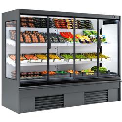 Commercial wall-mounted refrigerated display shelving - 2580 mm - 1408 litres - with 4 double-glazed hinged doors and 2 shelves