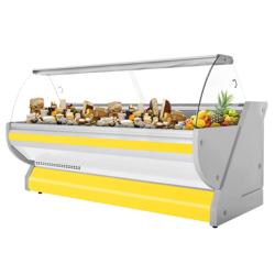 Soğuk Teşhir Dolabı - 2965x1150mm - 4 adet rezerv bölmeli - bombe camlı - LED aydınlatma; statik soğutma; otomatik defrost; dijital termostat - ön panel sarı; granit tezgah