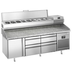 Masă rece pentru pizza PREMIUM PLUS - cu blat din granit - 1980x700 mm - cu 1 ușă & 4 sertare - cu vitrină de ingrediente - 9x GN 1/4