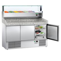 Pizzawerkbank ECO - 1400x700mm - met granieten werkblad - met 3 deuren - incl. glasvitrine LED - 6x GN 1/4