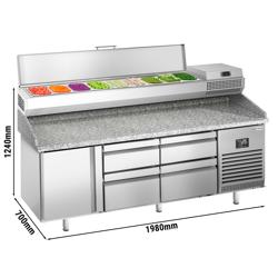 Masă rece pentru pizza PREMIUM PLUS - cu blat din granit - 1980x700 mm - cu 1 ușă & 4 sertare - cu vitrină de ingrediente - 9x GN 1/4