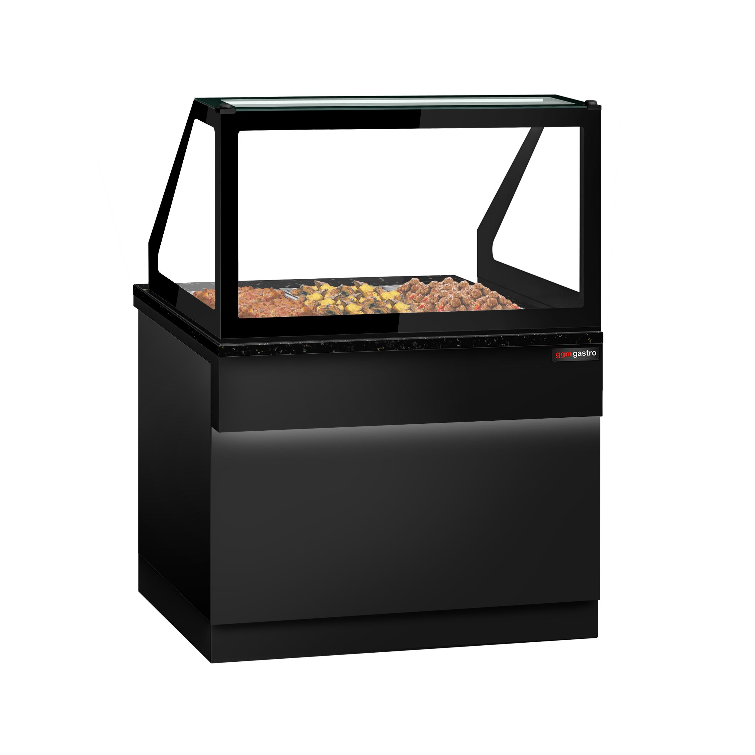 Vitrine chauffante TORONTO – 1250 mm – façade noire – pour 3 × GN 1/1 – plan de travail en granit noir