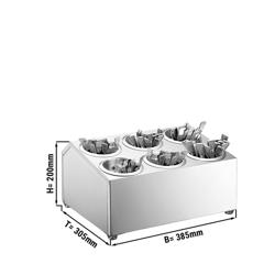 Support pour pots à couverts - 385x305mm - Hauteur: 200mm - acier inoxydable - pour 6 pots à couverts - incl. 6 pots à couverts en acier inoxydable