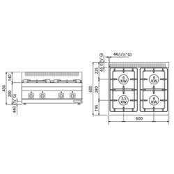 Cuisinière à gaz - 16 kW - 4 brûleurs - incl. soubassement avec 2 portes