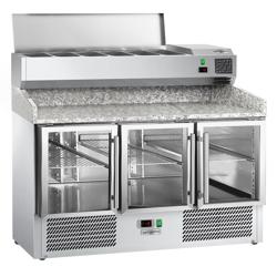 Mesa pizzera refrigerada ECO - 1400x700mm - encimera de granito - con 3 puertas de cristal - incl. vitrina refrigerada superior - 6x GN 1/4