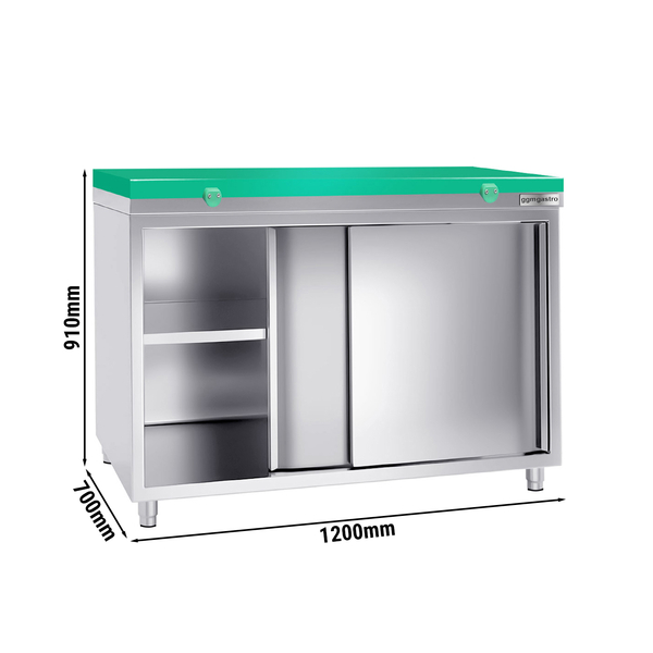 Dulap de lucru din oțel inoxidabil PREMIUM - 1,2 m - cu ușă glisantă - incl. blat de lucru verde
