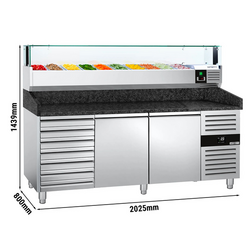 Rashladni pult za pripremu pizze PREMIUM - 2000x800 mm - sa 2 vrata & 7 ladica - uklj. Rashladna nadograđena vitrina LED - 10x GN 1/4