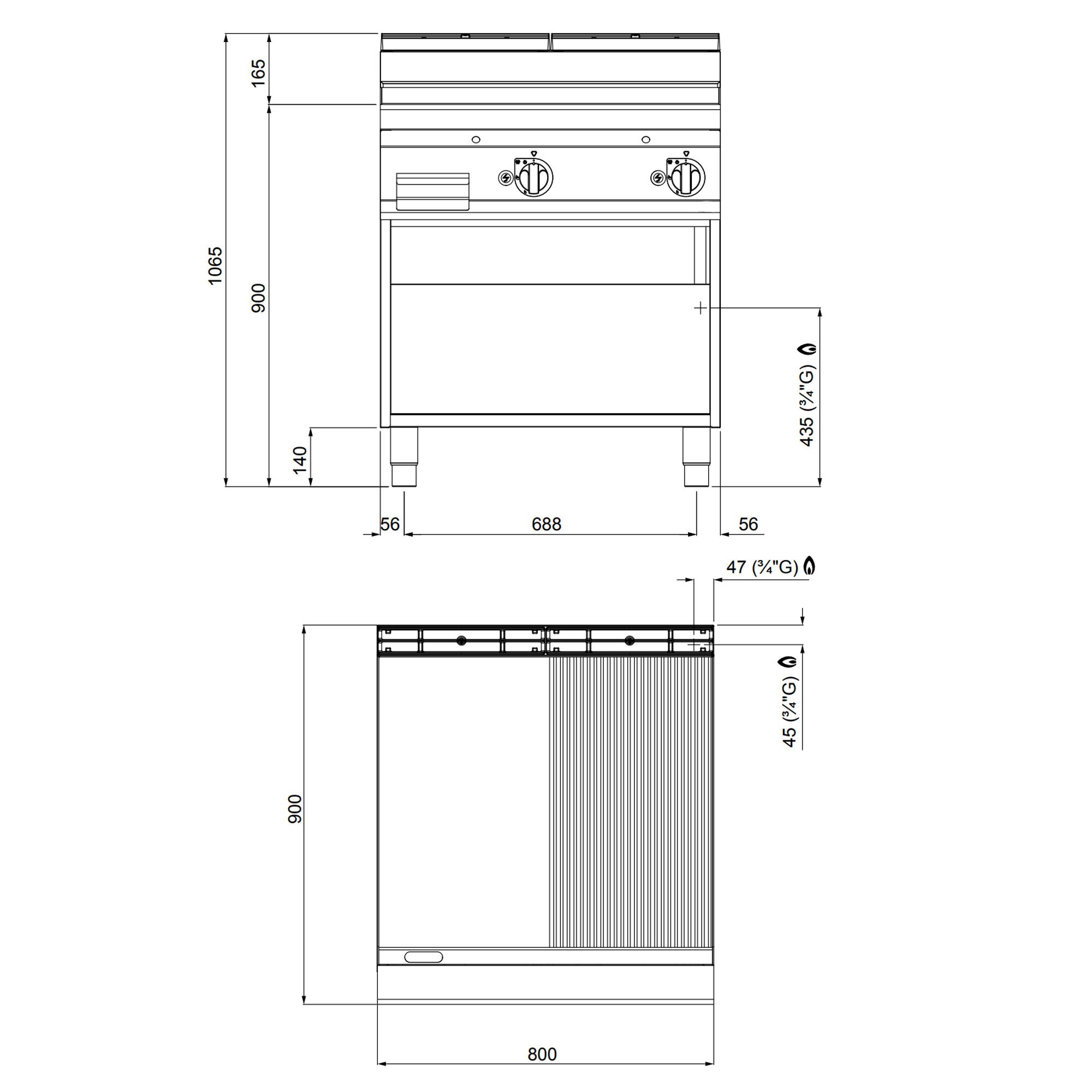 Commercial Gas Griddle - 20.0kW - Smooth/Ribbed Plate (half & half) - Cooking area: 796x667mm - on Stand